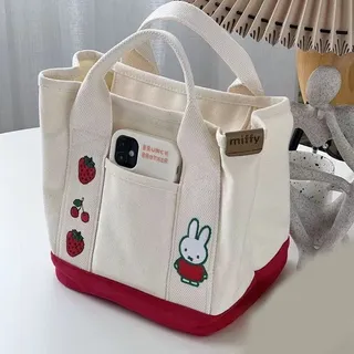 กระเป๋าถือสำหรับพนักงานออฟฟิศกระเป๋าใส่เบนโตะงานปักรูปกระต่ายกระเป๋าผ้าใบน่ารักญี่ปุ่นขนาดเบากระเป๋าถือ