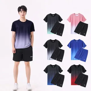 yomo sport  ชุดสีไล่ระดับสองชิ้น เสื้อเชิ้ตแขนสั้น + กางเกงขาสั้น ชุดกีฬา ชุดคู่ชายและหญิง ขอบเอวยางยืด มีกระเป๋าข้าง ออกกำลังกาย