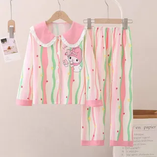 ชุดนอนเด็กผู้หญิง น่ารักชุดนอนคอบัว เสื้อแขนยาว + กางเกงขายาว ผ้านิ่มนุ่ม ยืดหยุ่นสูง พิมลายการ์ตูน