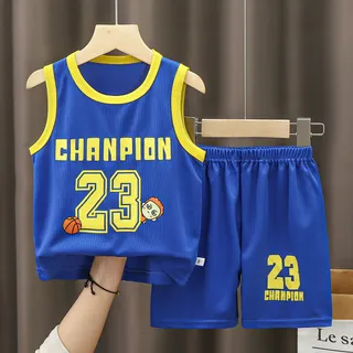 AILEBE ส่งจากไทย ชุดกีฬาสำหรับเด็ก ผ้าแห้งเร็ว ระบายอากาศเย็นสบาย เสื้อกล้ามไร้แขน + กางเกงขาสั้นมุมมน ชุดบาสเกตบอลเด็ก สำหรับเด็กอายุ 1‑5 ปี