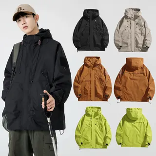 เสื้อแจ็คเก็ตผู้ชายอเมริกันย้อนยุคหลวมสบายๆกีฬากลางแจ้งกันลมและแจ็คเก็ตสไตล์เป็นกลางกันน้ําใส่ปีนเขา กีฬา และออกกำลังกาย