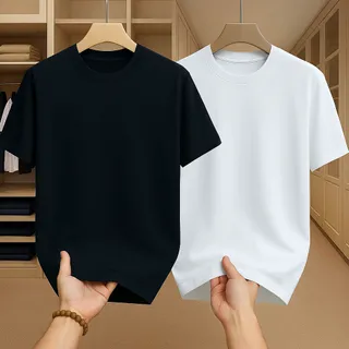 เสื้อยืดผู้ชายคอกลม แขนสั้น เสื้อคนอ้วน ยืดเปล่า oversize เสื้อยืดแฟชั่น โอเวอร์ไซส์ทรงหลวม เนื้อผ้านุ่มเย็นสบาย สีดำ