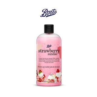 Boots Strawberry Sundae Shower Gel Bubble Bath & Shampoo 500Ml Flavour Collection บู๊ทส์ สตรอเบอรรี่ ซันเดย์ ชาวเวอร์ เจล บับเบิ้ล บาธ แอนด์ แชมพู 500มล. เฟ เวอร์ คอลเลคชั่น