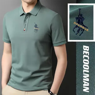 BeCoolMan-เสื้อโปโลฤดูร้อนสั้น พิมพ์แฟชั่น คอปกสุภาพบุรุษ สีเทา ลายเย็บปักถักร้อยละเอียดอ่อน ผ้าสบายระบายอากาศดี Polo Shirt Clothing