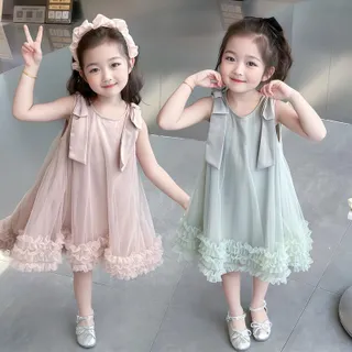 PRINCESS KESLI ชุดเดรสเด็กผู้หญิง ชุดออกงานเด็กผู้หญิง แขนกุดฟรุ้งฟริ้ง แต่งโบว์ 1-9 ปี