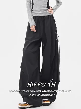 [Deformable dance wide-leg pants]กางเกงขากว้างลำลองสไตล์แจ๊สแดนซ์สีดำสไตล์เรโทรสำหรับผู้หญิง