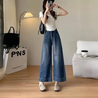 (XS-6XL)กางเกงยีนส์ขากว้างสไตล์เกาหลี กางเกงยีนส์เอวสูง แฟชั่น ใส่สบาย น่ารัก จัดส่งจากกรุงเทพฯ Women Clothing Jeans