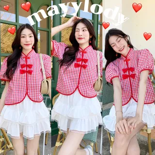 ❤️mayylody❤️ เสื้อตรุษจีน อาหมวยลายสก็อต ต้อนรับเทศกาลตรุษจีน น่ารักสุดๆๆ อกได้ถึง-38 นิ้ว🧧🏮🧧 เสื้อจีน เสื้อกี่เพ้า