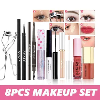 JIANGZHIB ชุดแต่งหน้า 8 ชิ้น อายแชโดว์เนื้อลิควิด บลัชออน ไฮกลอส + ลิปทินท์ ชุดแต่งหน้าสำหรับใบหน้า แมตต์ กันน้ำ ติดทนนาน eyeshadow+EyeLiner+Mascara