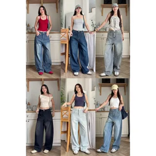 HELLDUL 9902  กางเกงยีนส์เอวสูง ขากระบอกใหญ่  เอวเข้ารูป ใส่สบาย ผ้าไม่บาดผิว