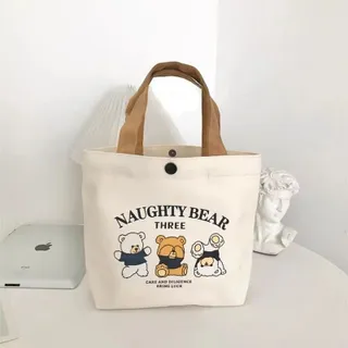 Just Star  ถุงผ้าแคนวาสลายหมีน่ารักสำหรับใช้ในชีวิตประจำวันและใส่กล่องอาหาร