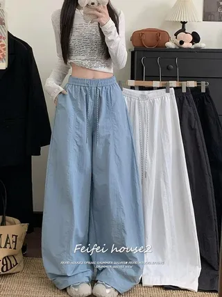 [Feifei-Contrast drawstring wide leg pants]เวอร์ชั่นเกาหลีเทรนด์ผู้หญิงเต้นแจ๊สผูกเชือกขากว้างสีทึบกางเกงลำลอง