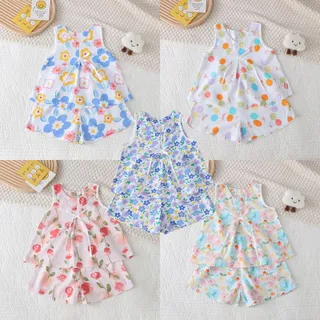 MooDeng Baby ชุดเด็กผู้หญิง เสื้อแขนกุด+กางเกงขาสั้น ลายดอกน่ารักและอื่นๆ ชุดเซต 2 ชิ้น เสื้อผ้าเด็กเเฟชั่น ฤดูร้อน ใส่สบาย ระบายอากาศ พร้อมส่ง