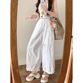 M~4XL มีท็อปและกางเกงที่เลือก กางเกงขากว้าง เอวสูง ยางยืด ทรงหลวม ดีไซน์เฉพาะ สำหรับผู้หญิง ใส่ในฤดูร้อน กางเกงลำลอง แมทช์ได้กับทุกชุด กางเกงขายาว 8 ส่วน + เสื้อครอป ลายดอกไม้ ไซซ์ใหญ่ น่ารักมาก