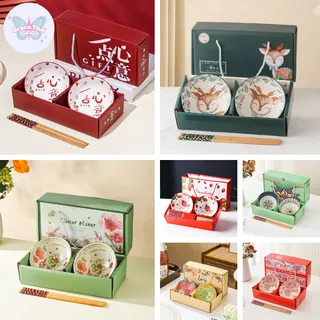 🍒Grace Thai🍒 ชุดถ้วยเซรามิค พร้อมเซตตะเกียบ ของขวัญ ชามเซรามิค 2ใบ เป็นกล่องเซตสวยงาม พร้อมส่ง
