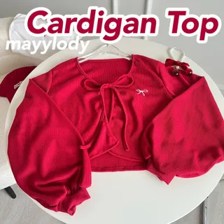 ❤️mayylody❤️ Cardigan  Top คาร์ดิแกน / เสื้อคลุม / เสื้อแขนยาว แขนพองตุ๊กตา ปักโบว์ สไตล์เกาหลี ❤️เสื้อสีแดง / คริสต์มาส