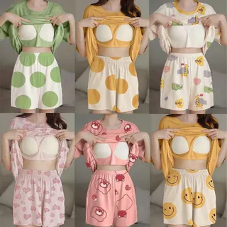 Anata ชุดนอน ผ้าเด้งนิ่ม พร้อมส่งชุดนอนแขนสั้นขาสั้นคอกลมมีบราในตัว Lady ผู้หญิง