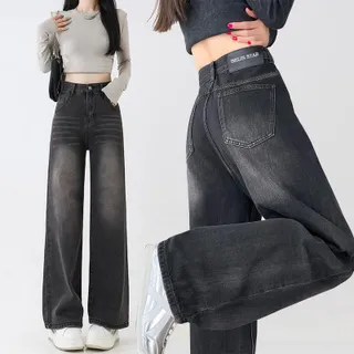 กางเกงยีนส์ทรงตรงสีดำ สไตล์อเมริกัน สำหรับผู้หญิง เอวสูง ทรงหลวม เอฟเฟกต์กระชับสัดส่วน ขากว้าง ความยาวพื้น เหมาะสำหรับฤดูร้อน 2025 มาใหม่