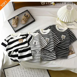 Tong Beiduo ชุดเด็กฤดูร้อน ชุดเซ็ตเด็กชาย-หญิง 1-6 ขวบ แขนสั้น+ขาสั้น ลายทางขาวดำ 2 ชิ้น ระบายอากาศดี ใส่สบาย