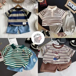 MooDeng Baby ชุดเด็กผู้ชาย ชุดเข้าเซท2 ชิ้น  เสือโปโล+กางเกงขาสั้นสำหรับเด็กผู้ชาย 80-120 cm แขนสั้น  แฟชัน ลายทาง ชุดเด็กคอโปโลมีมีหลายไชส์