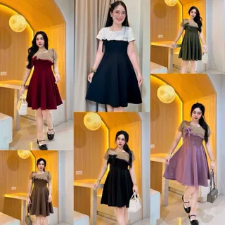 R64 ชุดเดรสทูโทน-กระโปรงบานเสื้อแต่งโบว์ระบาย  ผ้าวูลเวฟ