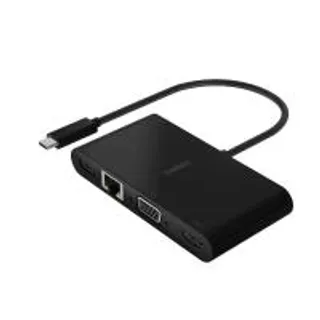 BELKIN Belkin มัลติมีเดียอะแดปเตอร์ USB-C ให้เชื่อมต่อสัญญาณภาพที่พอร์ต VGA, HDMI (รองรับความละเอียดภาพ 4K) เชื่อมต่อสายแลน และพอร์ต USB 3.0 (AVC005btBK) (MKP0688832)
