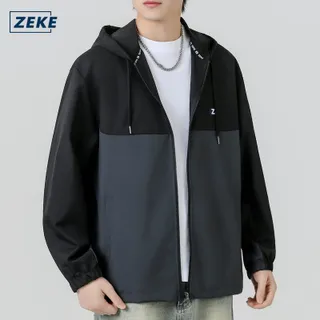 ZEKE C0047แจ็คเก็ตกันน้ำสองสี แขนยาวหลวมสำหรับผู้ชาย เสื้อโค้ตแบบสบาย Hooded สองสีมอเตอร์ Windbreak