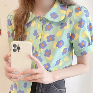เสื้อเชิ้ตแขนสั้นลายดอกไม้ย้อนยุคใหม่สำหรับผู้หญิง  เนื้อผ้าใส่สบาย  เสื้อ สงกรานต์ ผู้หญิง 