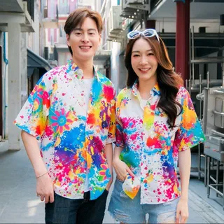 P021เสื้อฮาวายลายใหม่2025 สาดสีลายดอก ทรงวัยรุ่น หญิงชายใส่ได้ ผ้าโพลีพรีเมี่ยม ไซส์38-56นิ้ว งานปัายKTIERออกแบบเอง*1ตัว