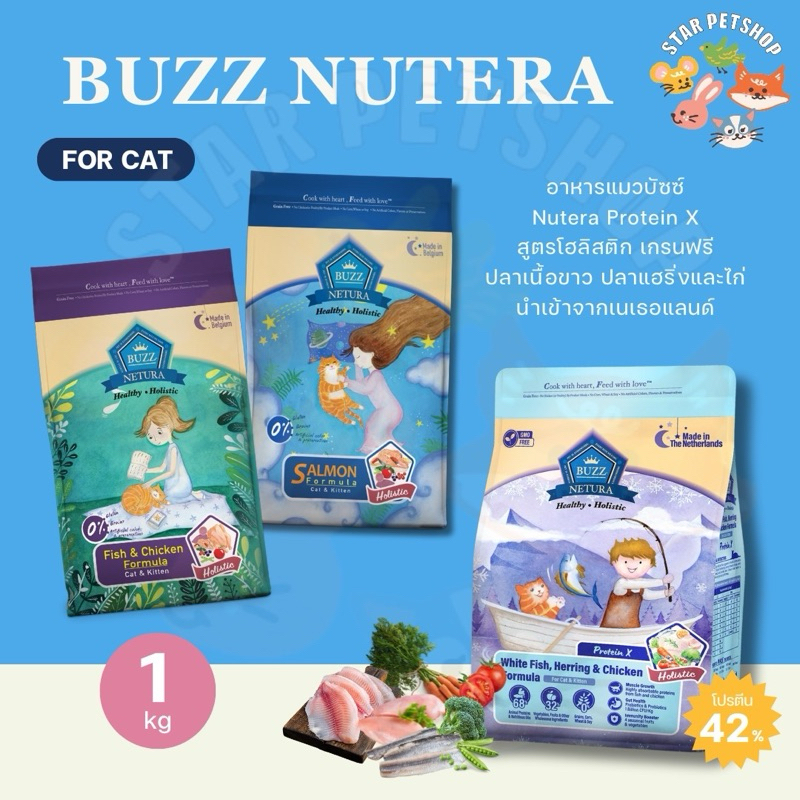 พร้อมส่ง🔥  Buzz Netura บัซซ์ อาหารแมวโฮลิสติก-เกรนฟรี สูตรเนื้อปลาและไก่ สูตรแซลมอน ขนาด 1 กิโลกรัม