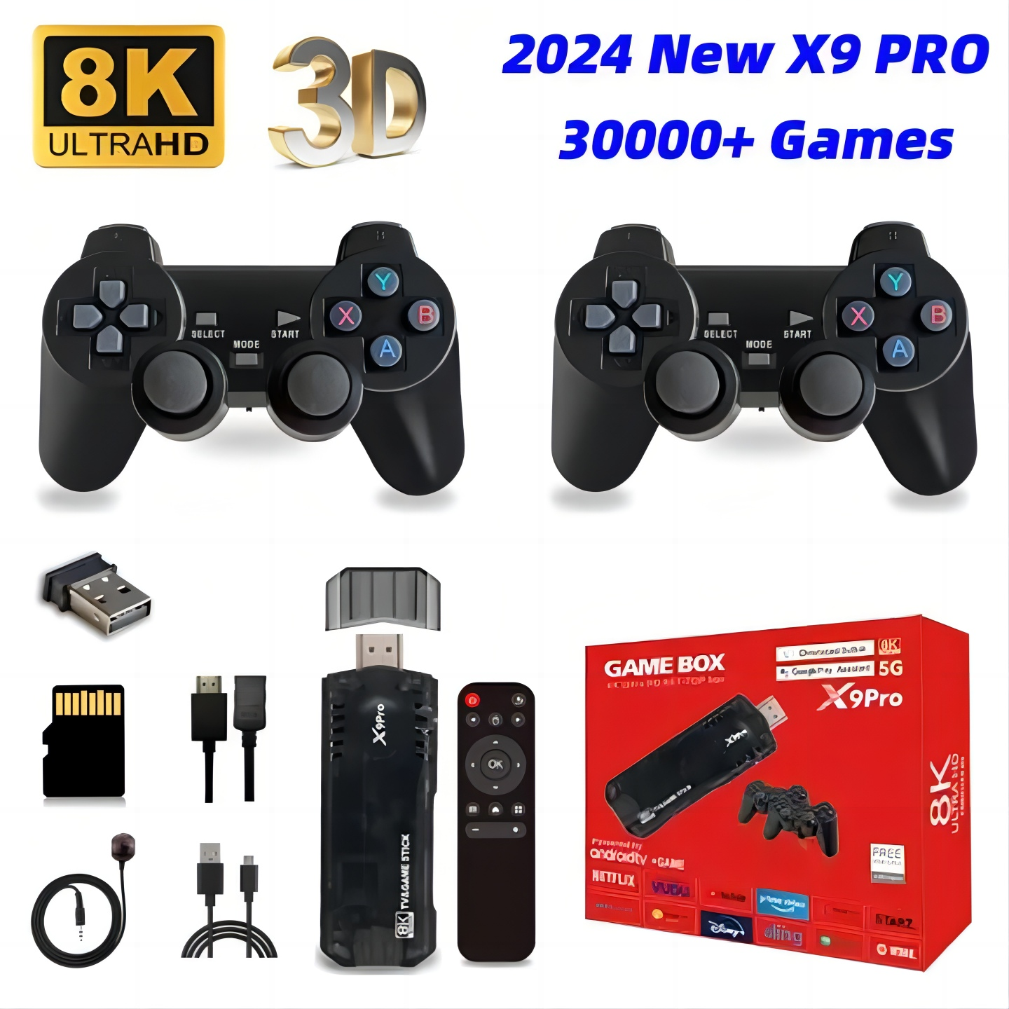 【สินค้าของแท้ 100%】2024 NEW Xiaomi M9 Pro 3D + คอนโซลวิดีโอเกม game stick Controller 2.4G Dual Wireless Controller เกม 4K ทีวีวิดีโอย้อนยุค 3D เกมคอนโซล 64GB 40000+เกม Game stick รองรับ PS1/GBA/PSP/เกมย้อนยุค