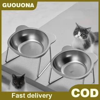 GUOUQNA ชามอาหารแมวยกที่ป้องกันการแตกอุปกรณ์สำหรับสัตว์เลี้ยง15 ° ทำจากสเตนเลสสตีลทนทานต่อการแตก